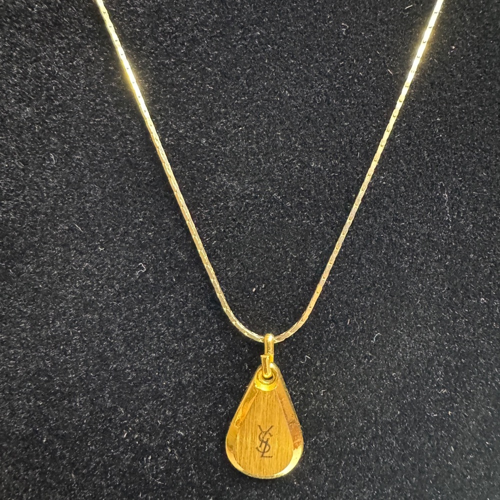 YSL Yves Saint Laurent Gold Toned Teardrop Pendant and Necklace